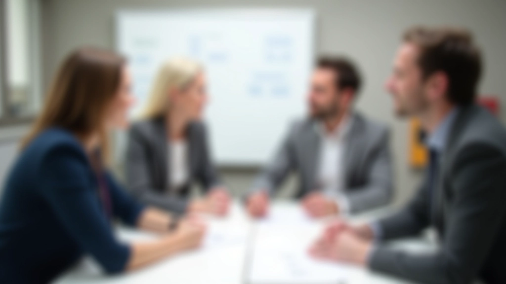 Vier Fachleute sitzen um einen Tisch und arbeiten an einer gemeinsamen Lösung