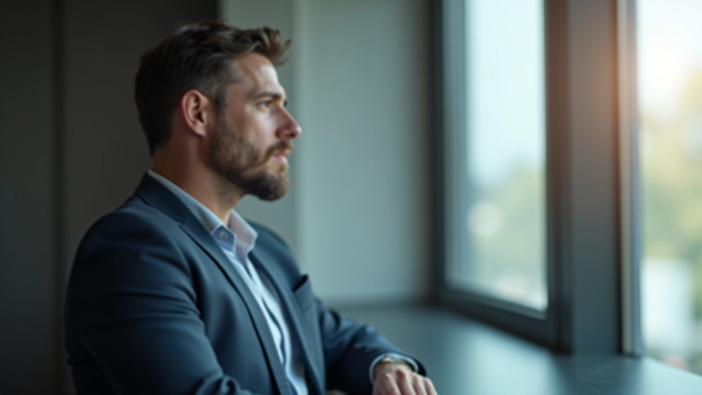 Mann schaut nachdenklich aus dem Fenster eines modernen Büros