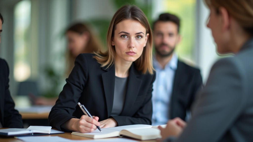 Frau notiert sich Punkte auf einem Notizbuch während eines wichtigen Gesprächs
